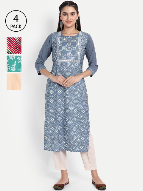 

Ethnic basket Women Pack Of 4 Floral Printed Crepe Kurta, Blue