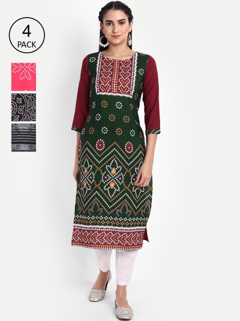 

Ethnic basket Women Pack of 4 Printed Kurtas, Green