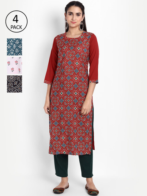 

Ethnic basket Women Pack of 4 Ethnic Motifs Printed Crepe Kurta, Red
