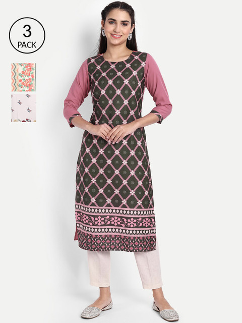 

Ethnic basket Women Pack Of 4 Multicoloured Geometric Printed Crepe Kurtas, Multi