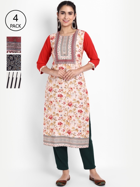 

Ethnic basket Women Pack of 4 Multicoloured Printed Crepe Straight Kurta, Multi