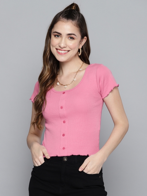 

HERE&NOW Women Pink Ribbed Crop Top