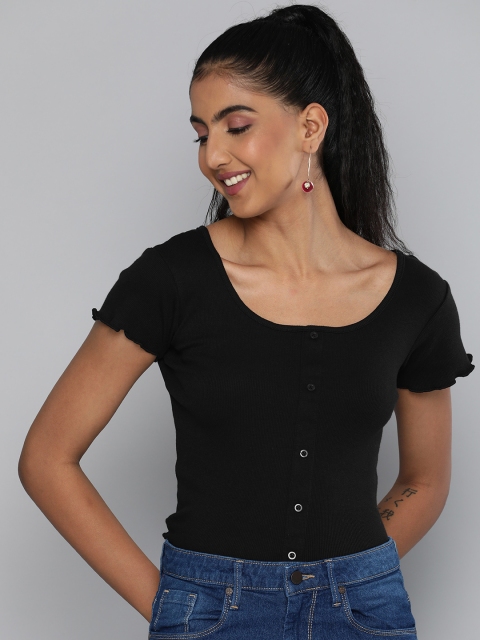 

HERE&NOW Women Black Solid Round-Neck Regular Top