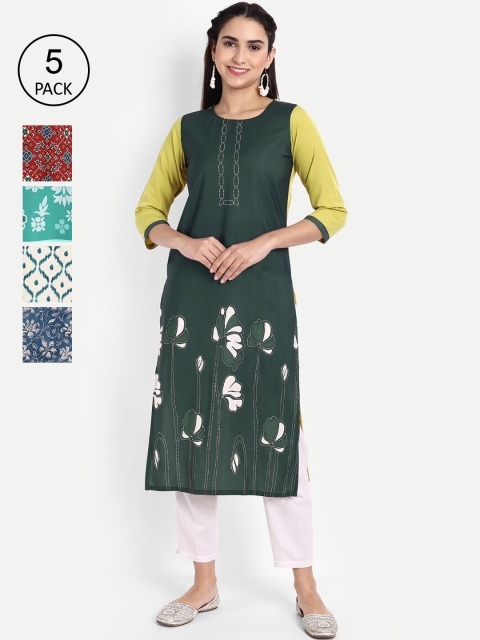 

Ethnic basket Women Pack Of 5 Multicoloured Printed Crepe Kurtas, Multi