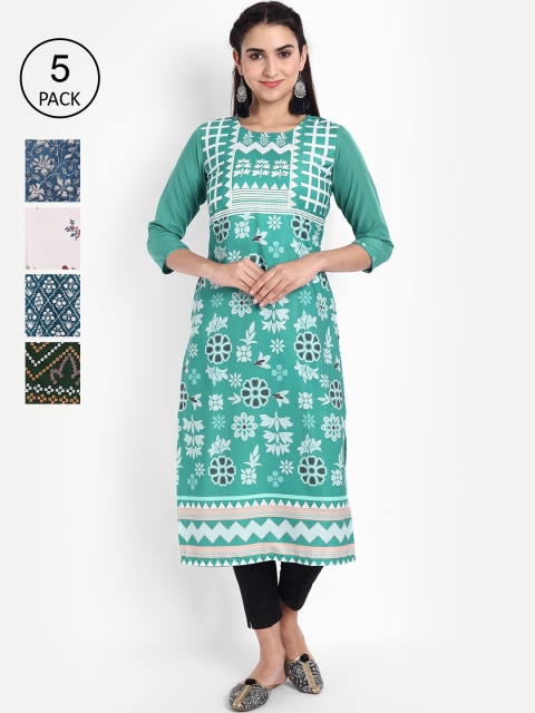 

Ethnic basket Women Green & Blue Pack Of 5 Printed Kurtas