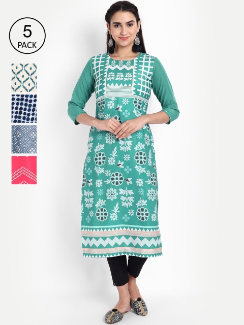 

Ethnic basket Women Pack of 5 Green & White Printed Crepe Kurta