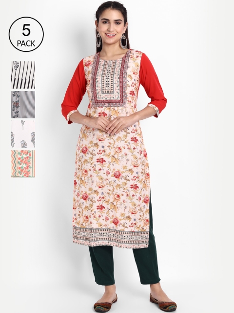 

Ethnic basket Women Pack Of 5 Floral Printed Crepe Kurta, Cream