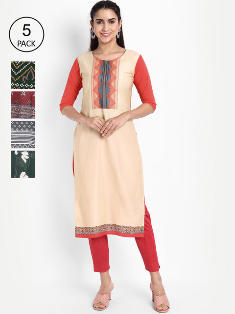 

Ethnic basket Women Pack Of 5 Printed Crepe Kurta, Cream