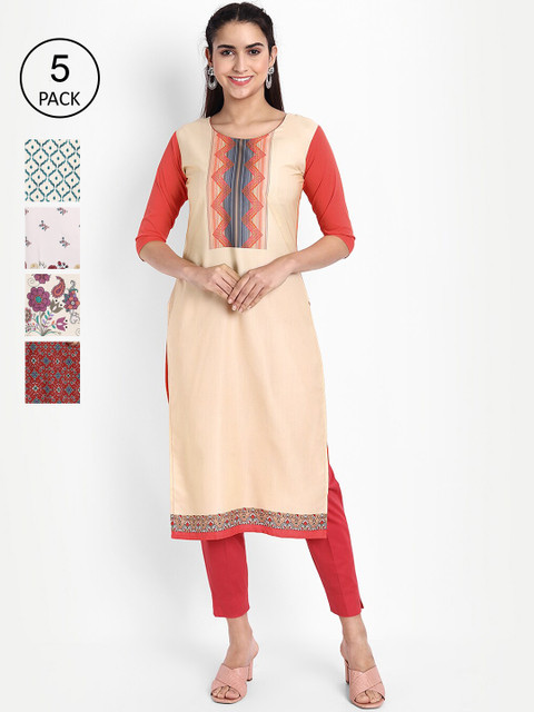 

Ethnic basket Women Pack Of 5 Multicoloured Printed Crepe Kurtas, Multi