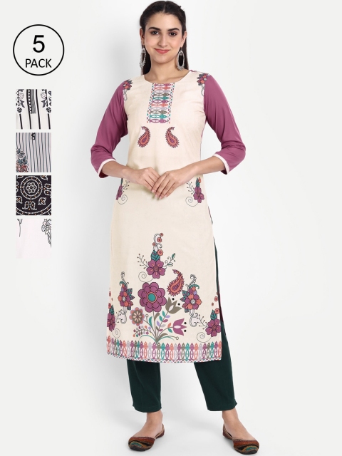 

Ethnic basket Women Pack of 5 Multicoloured Printed Crepe Straight Kurta, Multi