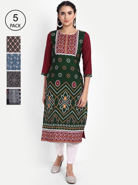 

Ethnic basket Women Pack of 5 Digital Print Crepe Kurta, Multi