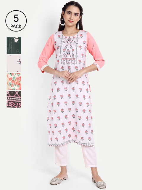 

Ethnic basket Women Pack Of 5 Floral Printed Crepe Kurta, White