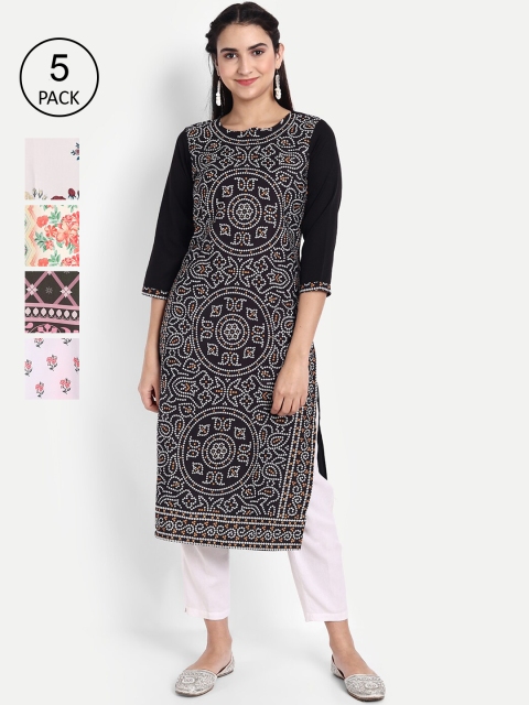Ethnic basket Pack of 5 Women Ethnic Motifs Printed Crepe Kurta, Multi