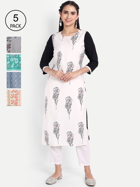 

Ethnic basket Women Pack Of 5 Printed Crepe Kurta, White