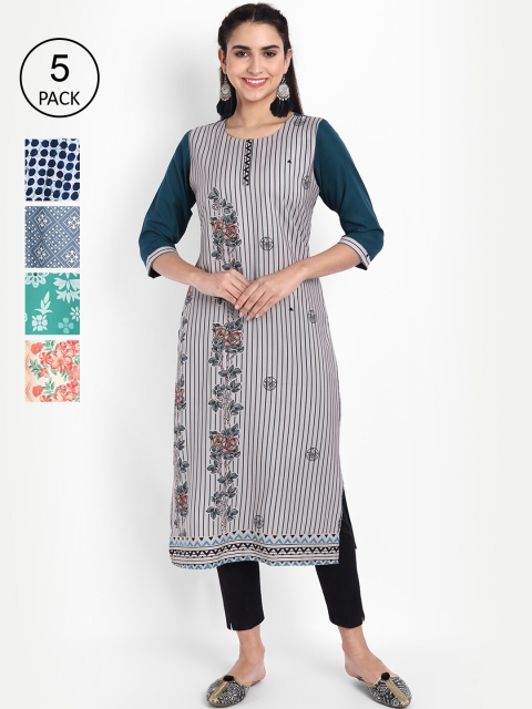 

Ethnic basket Women Pack Of 5 Multicoloured Printed Crepe Kurtas, Multi