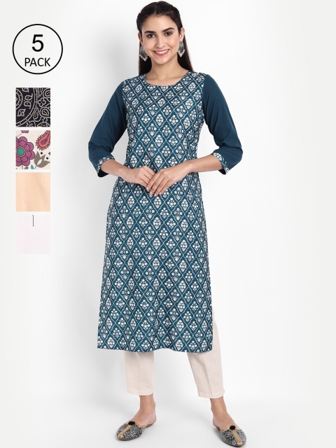 

Ethnic basket Women Pack of 5 Multicoloured Printed Crepe Straight Kurta, Multi