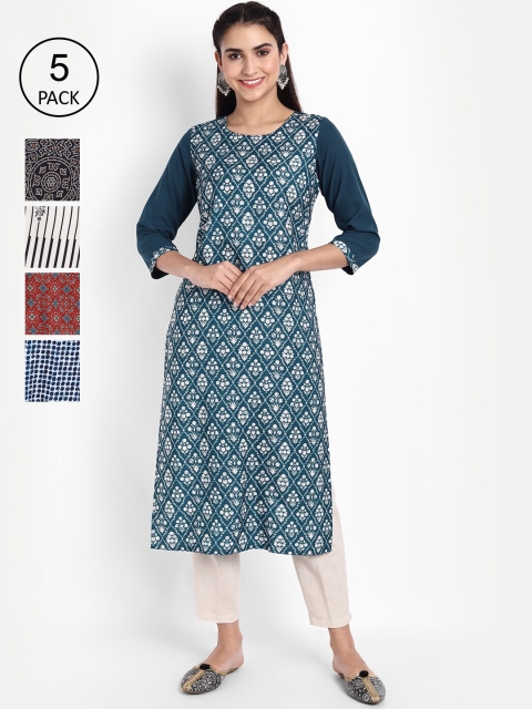 

Ethnic basket Women Pack Of 5 Ethnic Motifs Printed Crepe Kurta, Blue