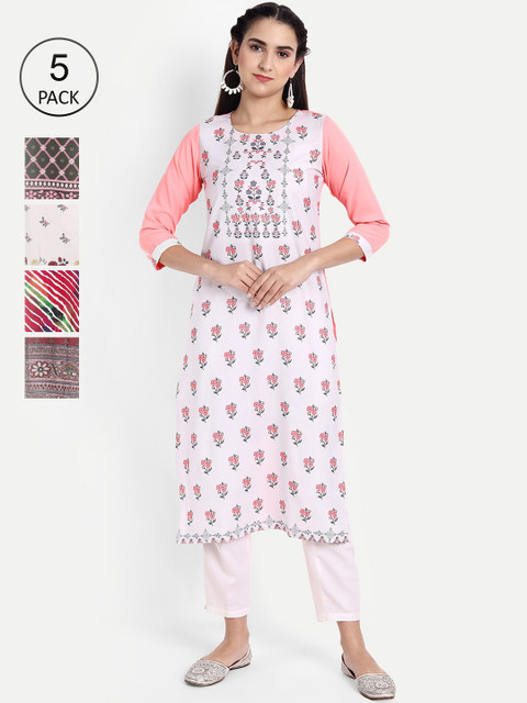 

Ethnic basket Women Pack of 5 Ethnic Motifs Printed Floral Crepe Kurta, Multi