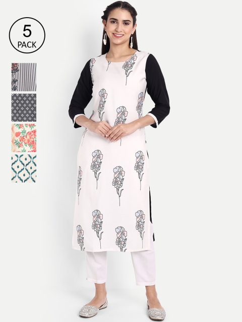 

Ethnic basket Women Pack Of 5 Printed Crepe Kurta, White