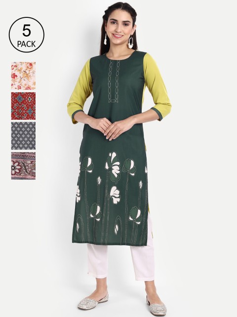 

Ethnic basket Women Pack of 5 Ethnic Motifs Embroidered Floral Crepe Kurta, Multi