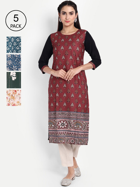 

Ethnic basket Women Pack of 5 Green & Yellow Printed Crepe Kurta
