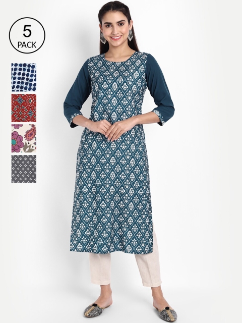 

Ethnic basket Women Pack of 5 Ethnic Motifs Printed Floral Crepe Kurta, Multi