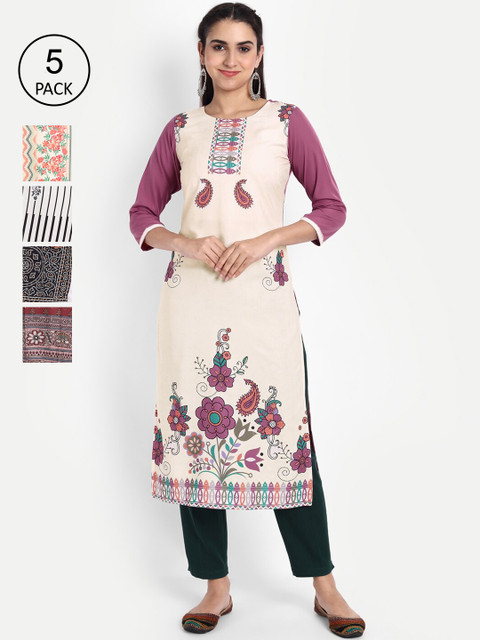 

Ethnic basket Women Set of 5 Ethnic Motifs Printed Crepe Kurta, Multi