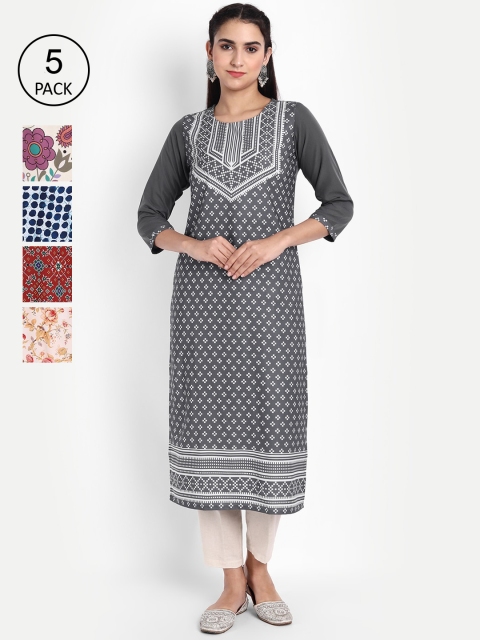 

Ethnic basket Women Pack Of 5 Printed Crepe Kurta, Grey