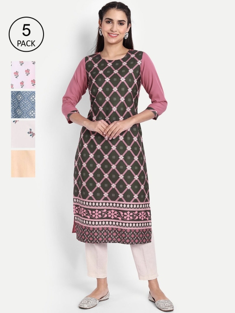 

Ethnic basket Women Pack of 5 Digital Print Crepe Kurta, Multi