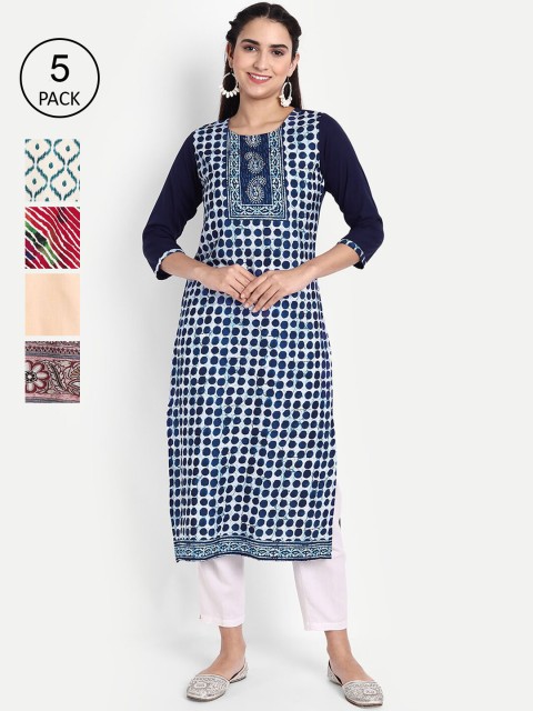 

Ethnic basket Women Pack of 5 Striped Mirror Work Floral Crepe Kurta, Multi