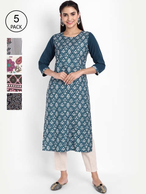 

Ethnic basket Women Pack Of 5 Floral Printed Crepe Kurta, Blue