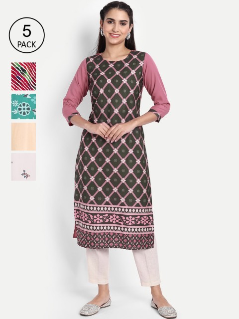 

Ethnic basket Women Pack of 5 Digital Printed Straight Kurtas, Pink