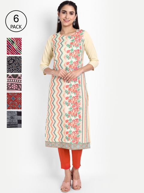 

Ethnic basket Women Pack of 6 Ethnic Motifs Printed Floral Crepe Kurta, Multi