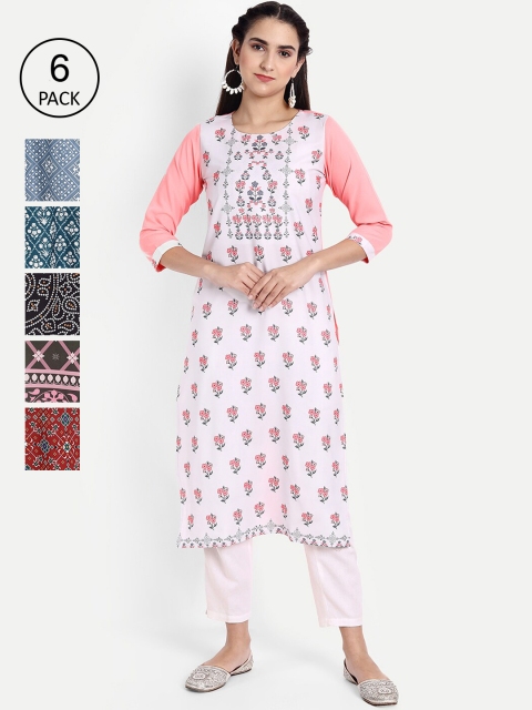 

Ethnic basket Women Pack of 6 Digital Print Crepe Kurta, Multi