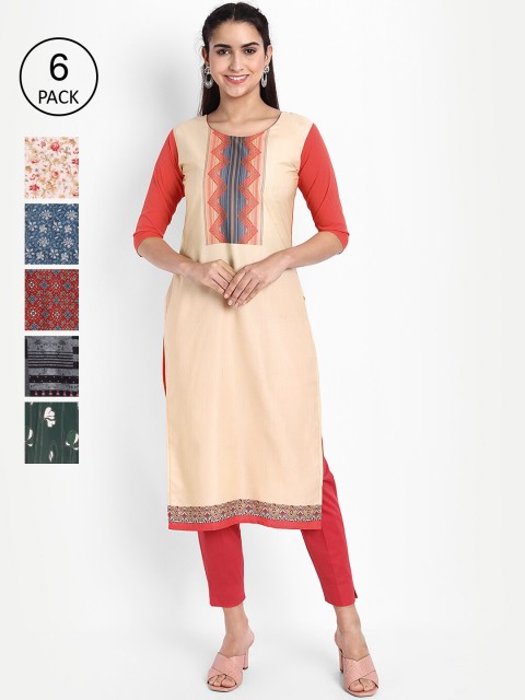 

Ethnic basket Women Multicoloured Pack of 6 Floral Crepe Kurta, Multi