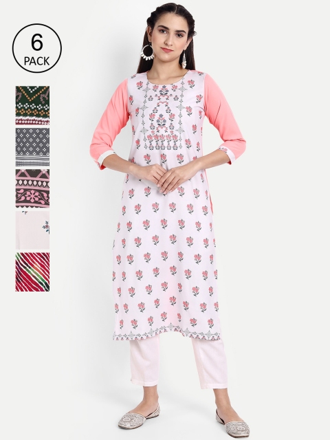 

Ethnic basket Women White & Grey Pack Of 6 Digital Print Straight Kurta
