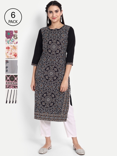 

Ethnic basket Women Pack of 6 Ethnic Motifs Printed Floral Crepe Kurta, Multi