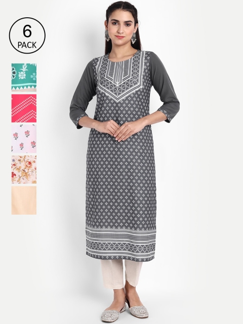 

Ethnic basket Women Pack of 6 Printed Crepe Kurta, Multi