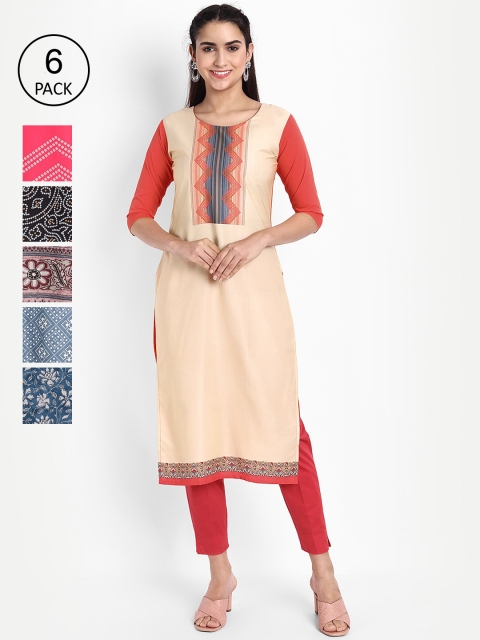 

Ethnic basket Women Multicoloured Pack of 6 Floral Crepe Kurta, Multi