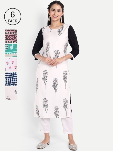

Ethnic basket Women Pack Of 6 Multicoloured Printed Crepe Kurtas, Multi