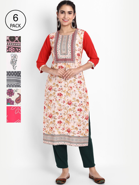 

Ethnic basket Women White & Grey Pack Of 6 Print Straight Kurta