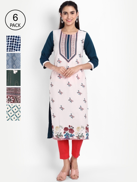 

Ethnic basket Women Pack of 6 Blue & White Printed Crepe Kurta, Multi