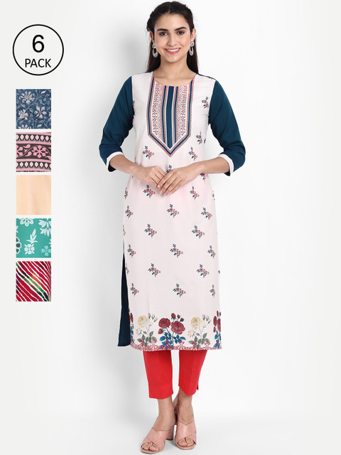 

Ethnic basket Women Set of 6 Ethnic Motifs Printed Crepe Kurta, Multi