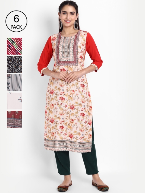

Ethnic basket Women Pack of 6 Ethnic Motifs Printed Crepe Kurta, Black