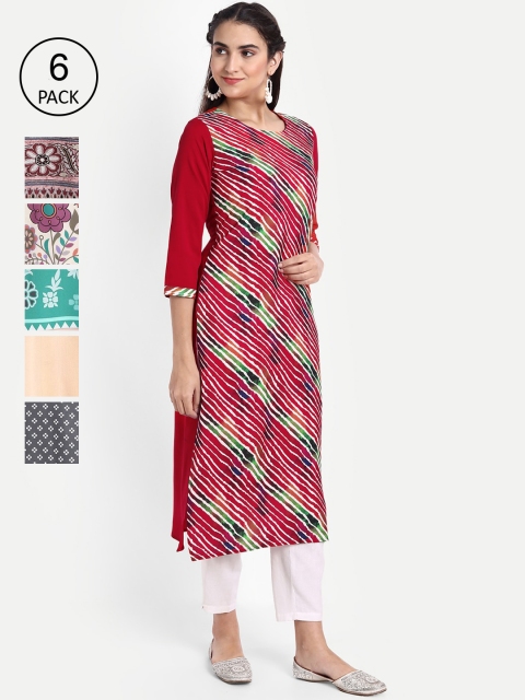 

Ethnic basket Women Multicoloured Set of 6 Ethnic Motifs Printed Crepe Kurta, Multi