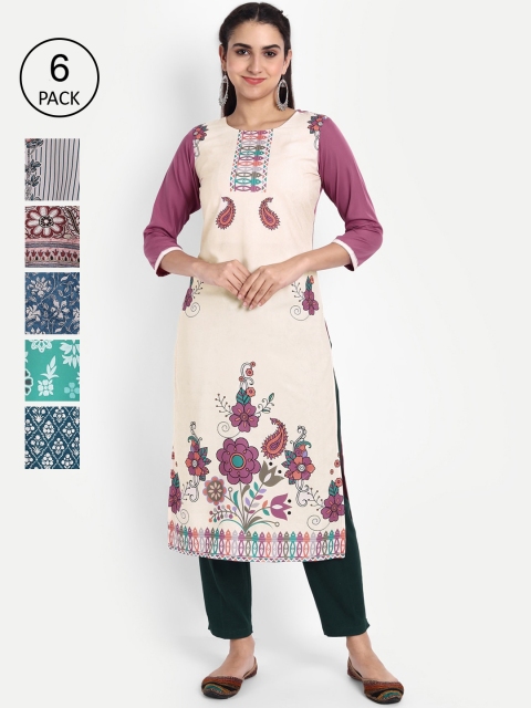 

Ethnic basket Women Pack of 6 Printed Floral Crepe Kurtas, Red