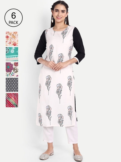 

Ethnic basket Women Pack Of 6 Printed Crepe Kurta, White