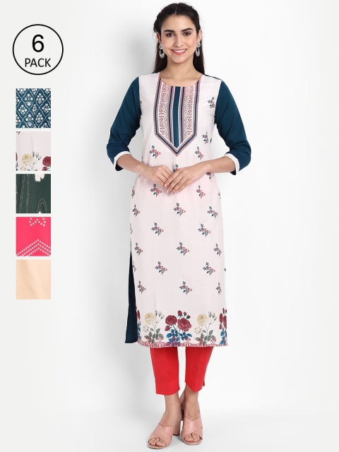 

Ethnic basket Women Pack of 6 Ethnic Motifs Printed Floral Crepe Kurta, Multi