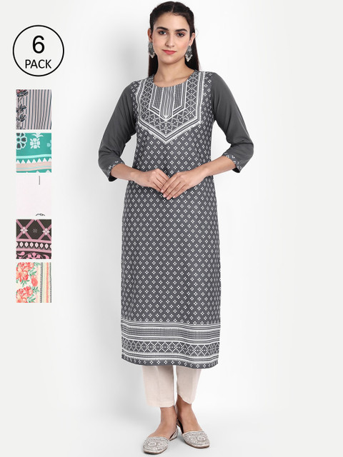 

Ethnic basket Women Set of 6 Ethnic Motifs Printed Crepe Kurta, Multi