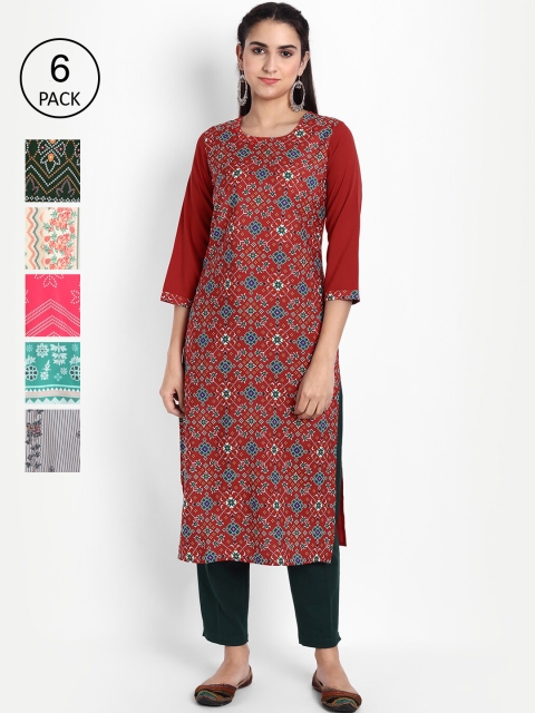 

Ethnic basket Women Pack Of 6 Printed Crepe Kurta, Red